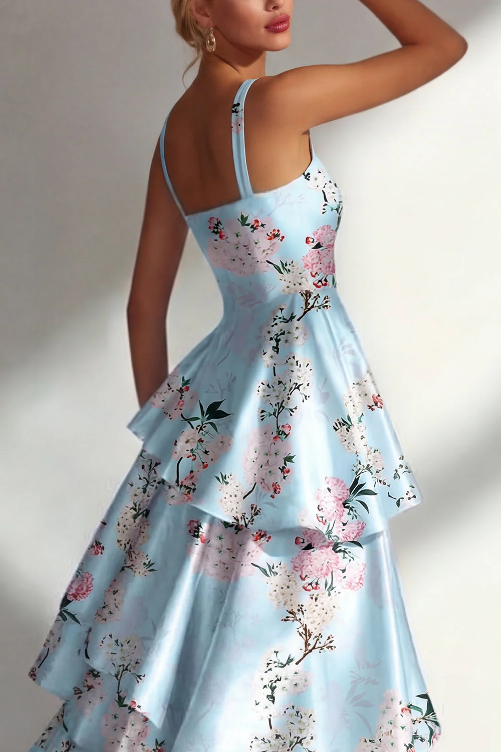 Robe longue à fleurs en satin à volants bleu A Line - Image 4
