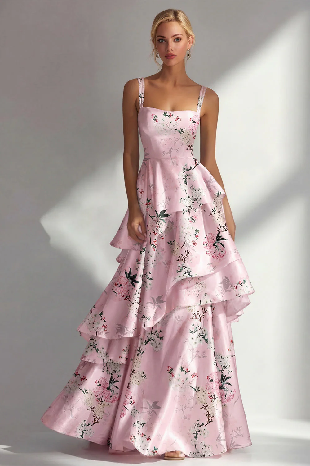 Robe longue à fleurs en satin à volants bleu A Line - Image 5