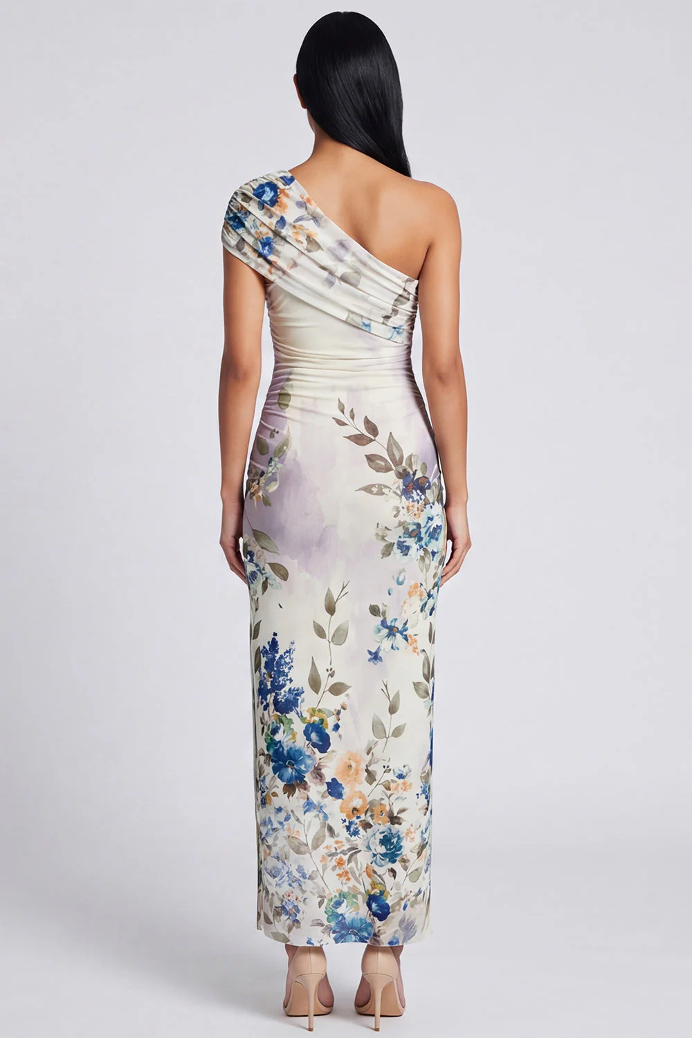 Robe longue à fourreau à une épaule en ivoire florale - Image 2
