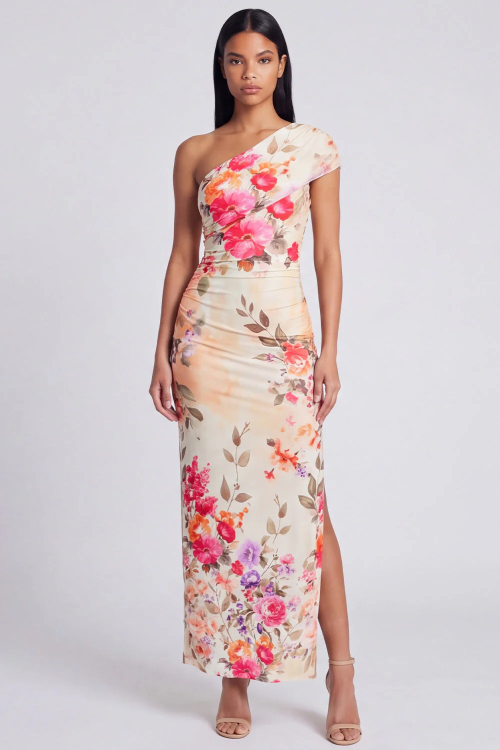 Robe longue à fourreau à une épaule en ivoire florale - Image 4