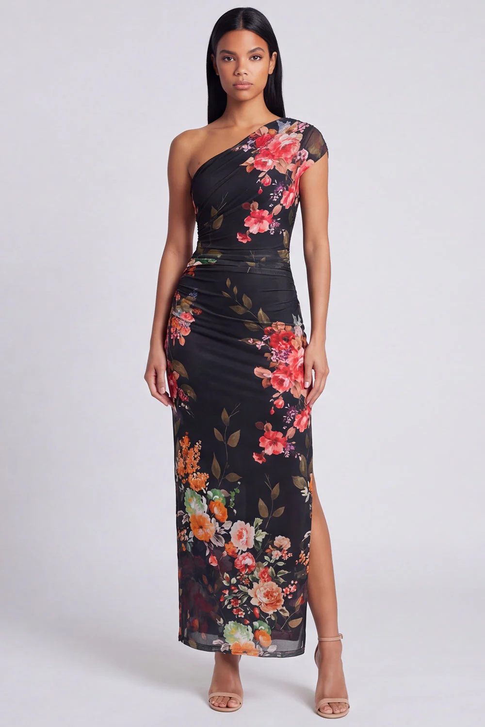 Robe longue à fourreau à une épaule en ivoire florale - Image 8