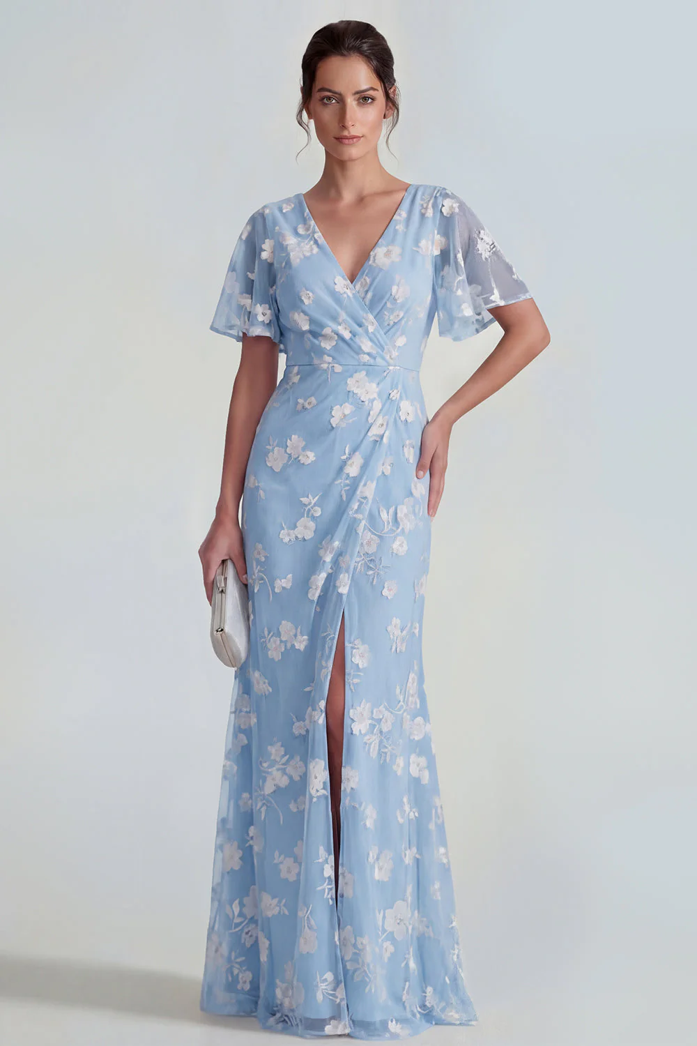 Robe longue à manches courtes fourreau bleu avec fente