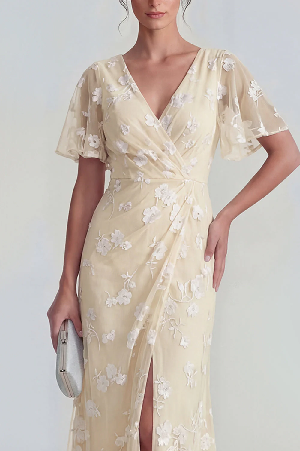 Robe longue à manches courtes fourreau bleu avec fente - Image 16