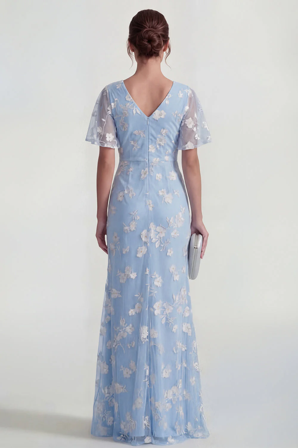Robe longue à manches courtes fourreau bleu avec fente - Image 2