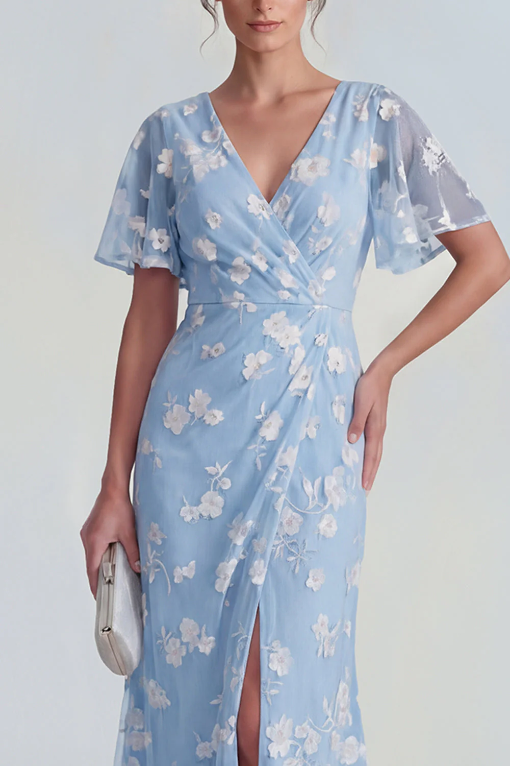 Robe longue à manches courtes fourreau bleu avec fente - Image 3