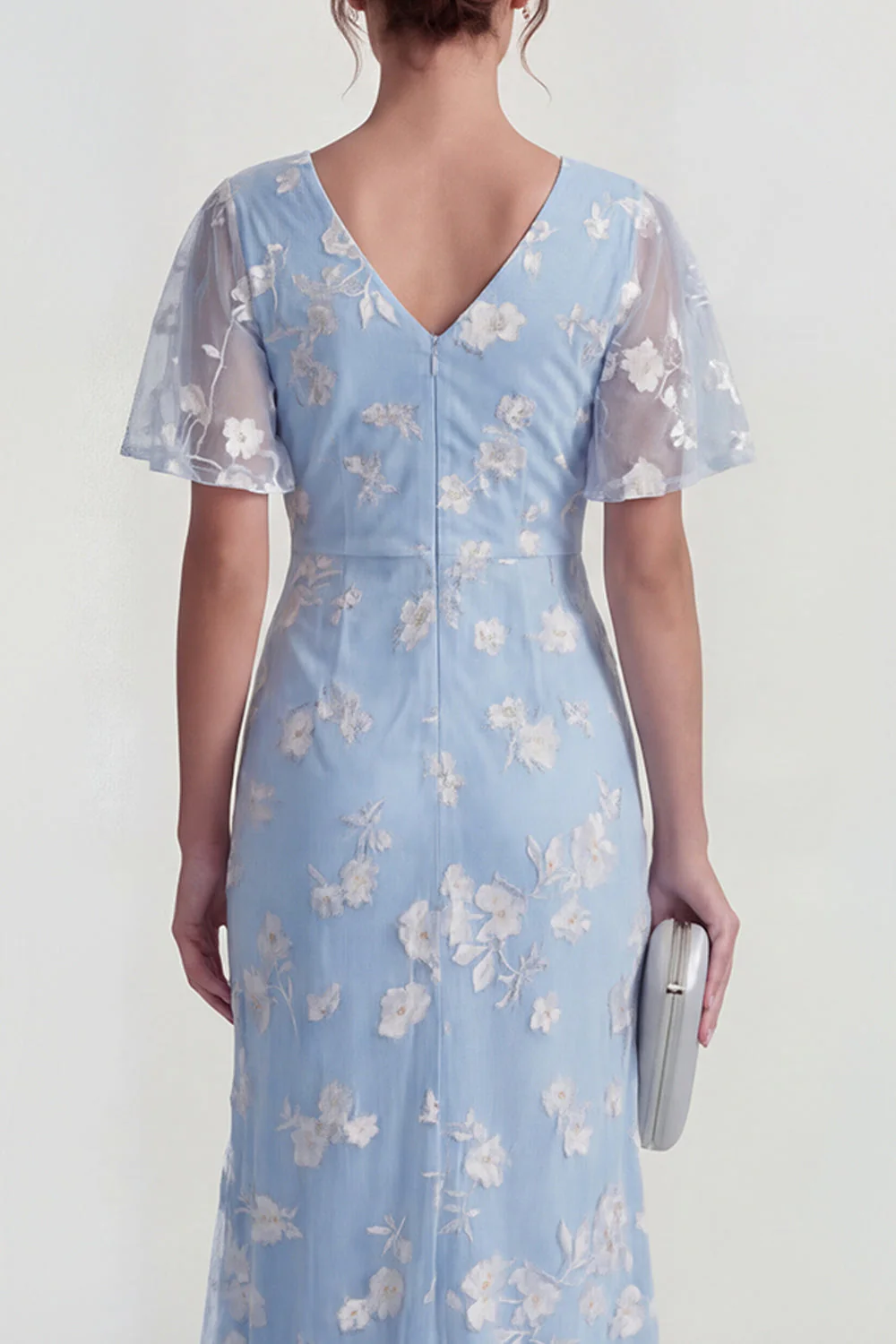 Robe longue à manches courtes fourreau bleu avec fente - Image 4