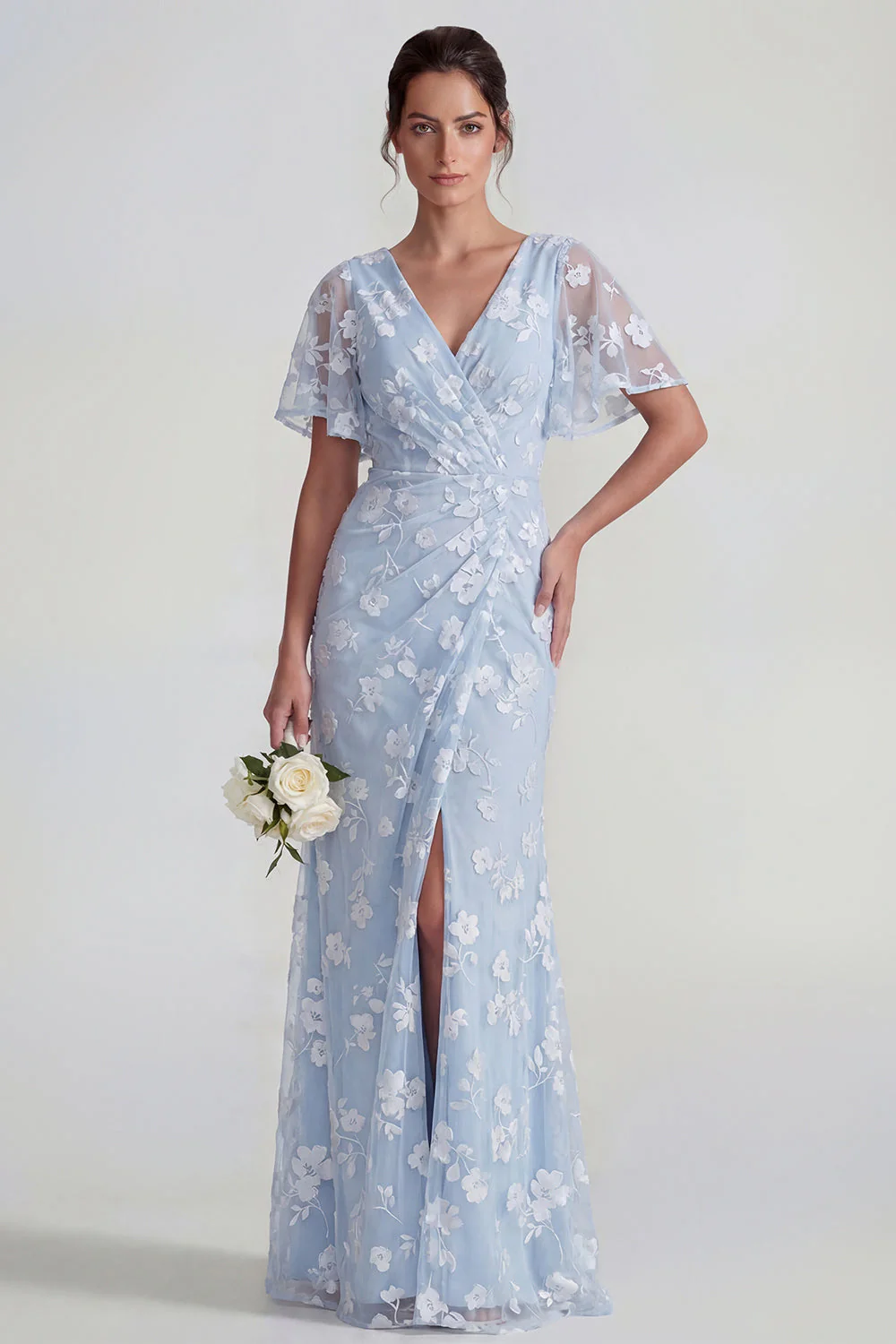 Robe longue à manches courtes fourreau bleu avec fente - Image 5