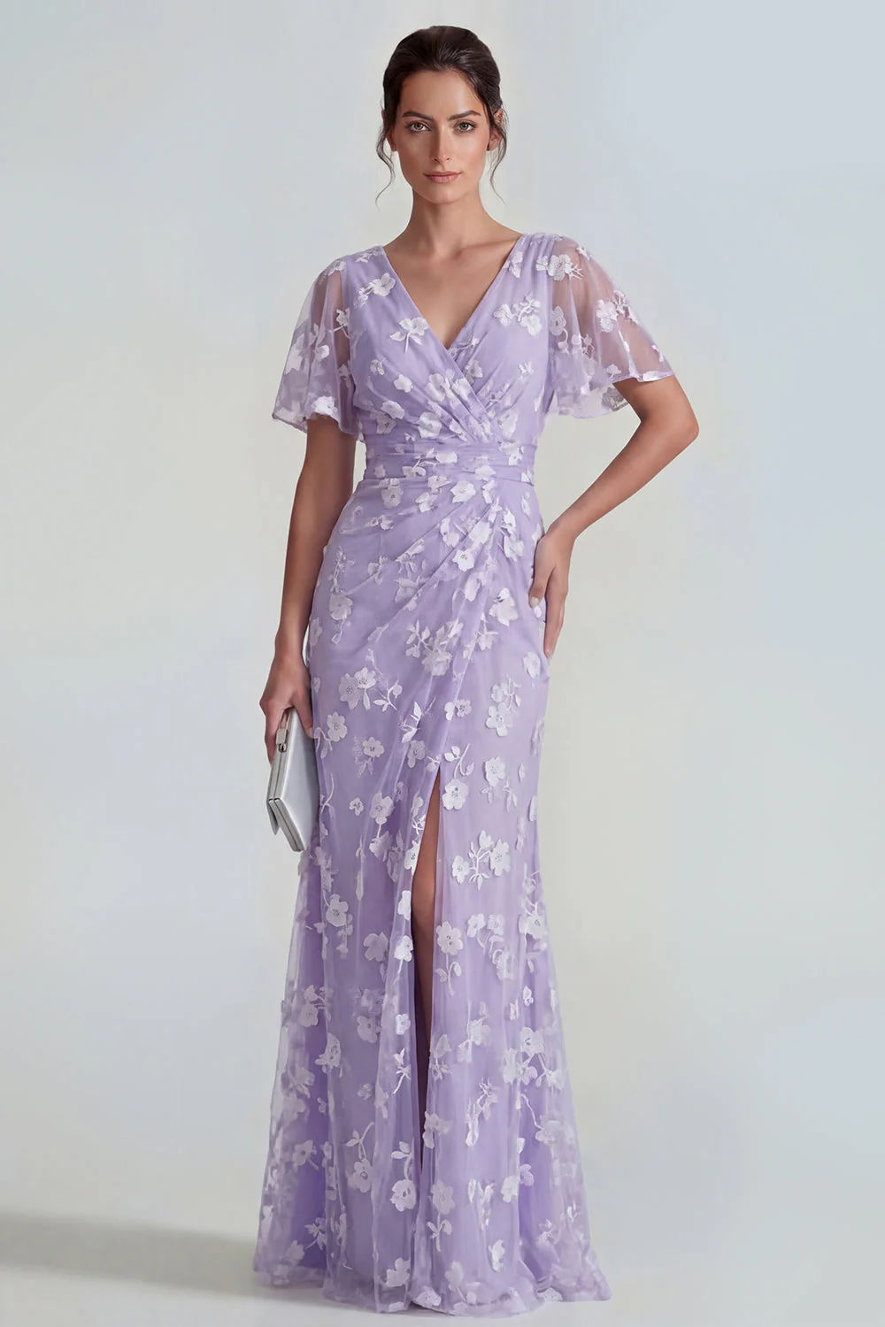 Robe longue à manches courtes fourreau bleu avec fente - Image 6