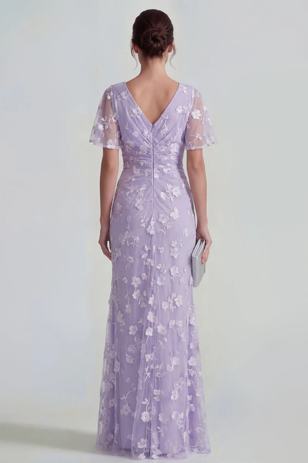 Robe longue à manches courtes fourreau bleu avec fente - Image 7