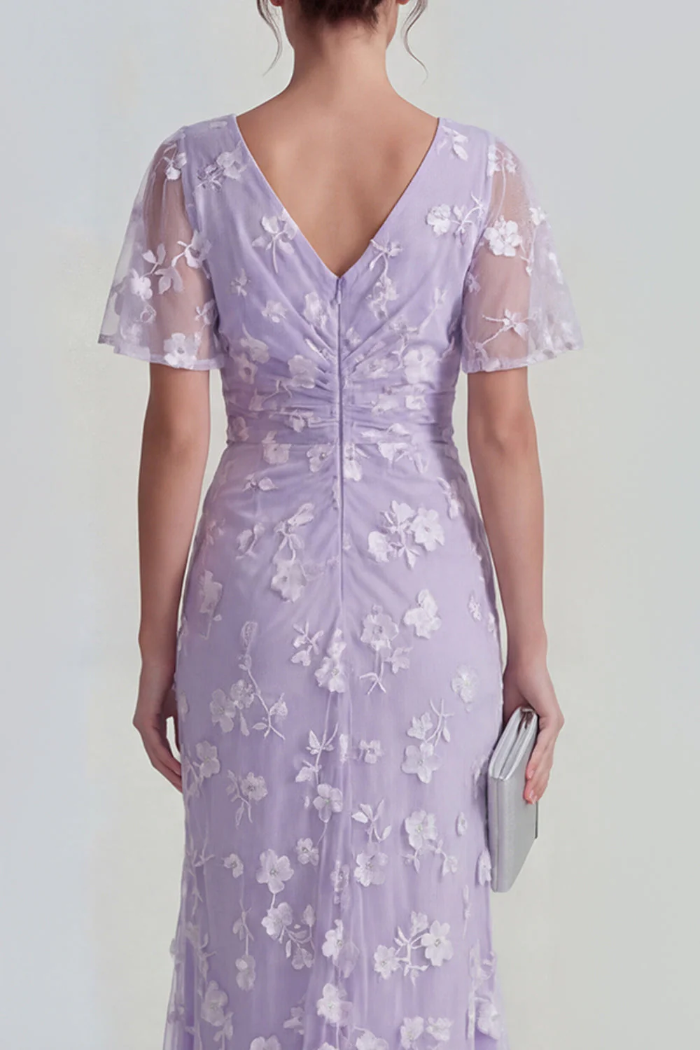Robe longue à manches courtes fourreau bleu avec fente - Image 8