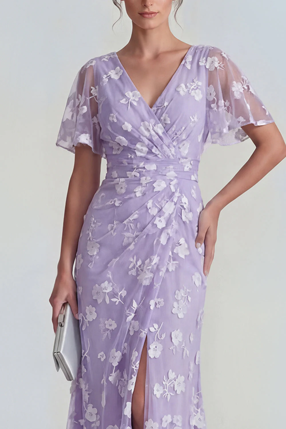 Robe longue à manches courtes fourreau bleu avec fente - Image 9