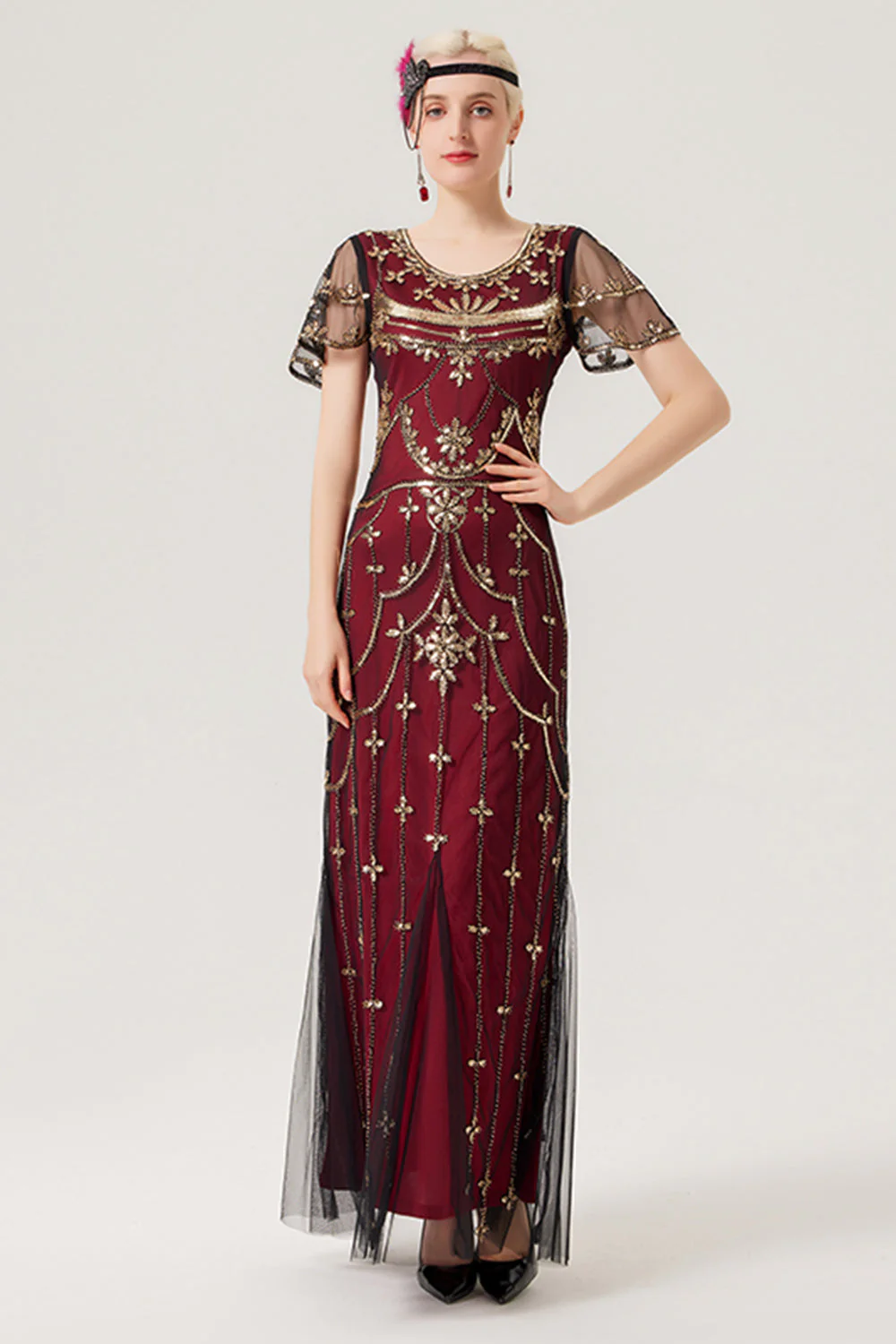 Robe longue à paillettes bordeaux des années 1920 avec ensemble d’accessoires des années 20 - Image 4