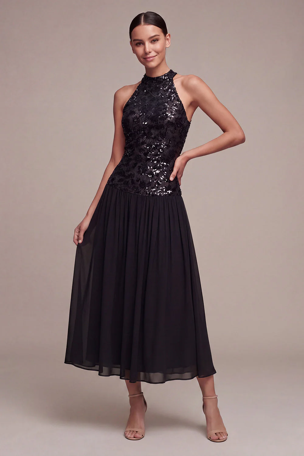 Robe longue cravate noire à col haut scintillante A Line avec paillettes