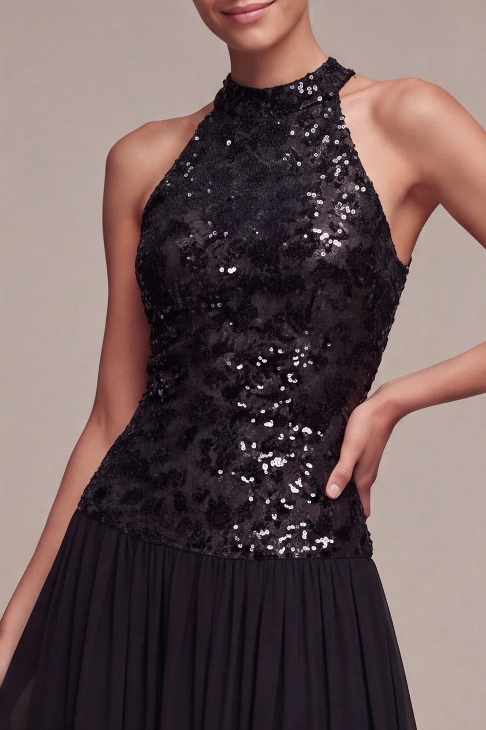 Robe longue cravate noire à col haut scintillante A Line avec paillettes - Image 3