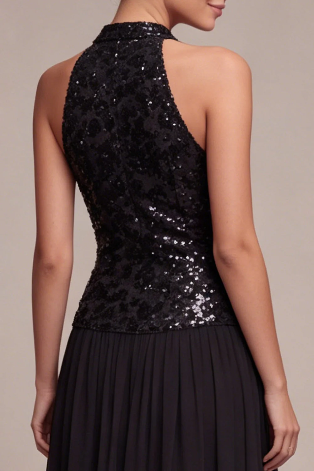 Robe longue cravate noire à col haut scintillante A Line avec paillettes - Image 4