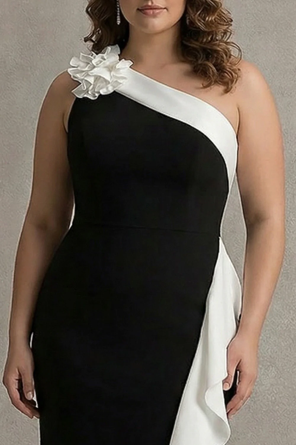 Robe longue cravate noire à volants en grande taille grande taille en sirène à volants avec fleur 3D - Image 3