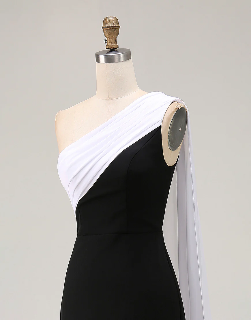 Robe longue cravate noire fourreau à une épaule avec banderole - Image 9