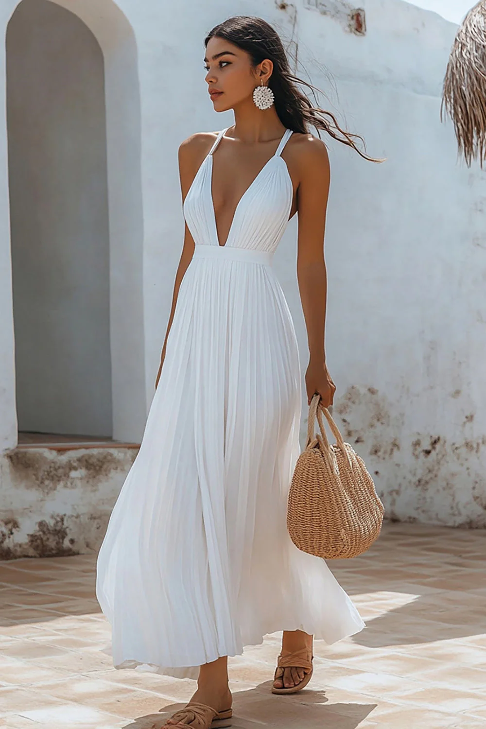 Robe longue d’été en mousseline de soie blanche