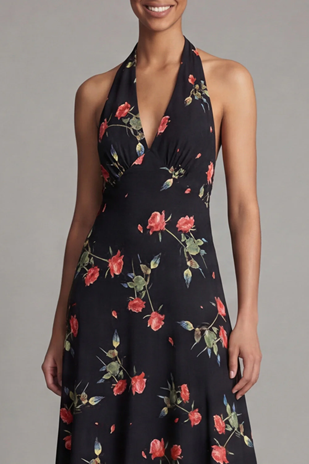 Robe longue d’invité à col nu en mousseline mousseline noire à motifs de fleurs rouges - Image 4