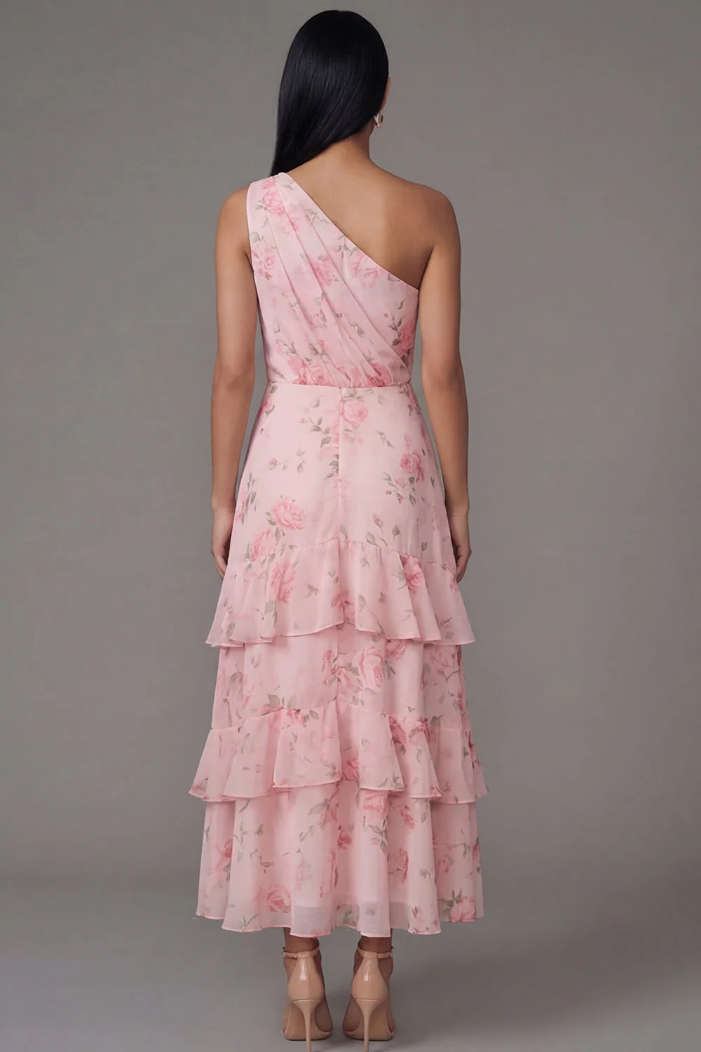 Robe longue d’invité de mariage à motifs floraux à étages rose mousseline d’une épaule - Image 2