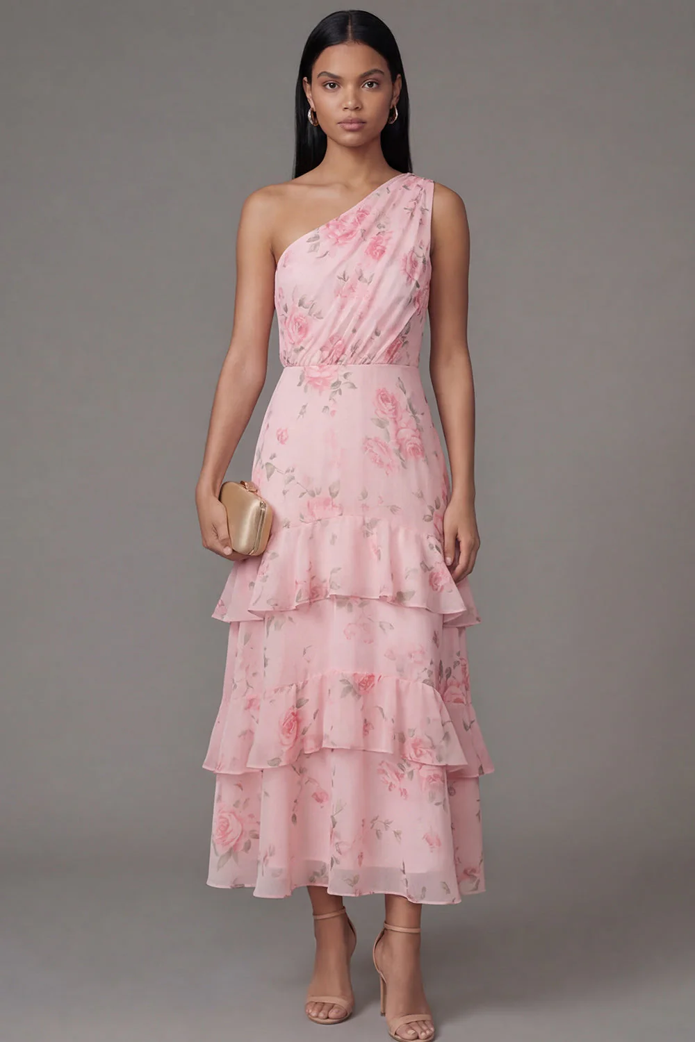 Robe longue d’invité de mariage à motifs floraux à étages rose mousseline d’une épaule - Image 3