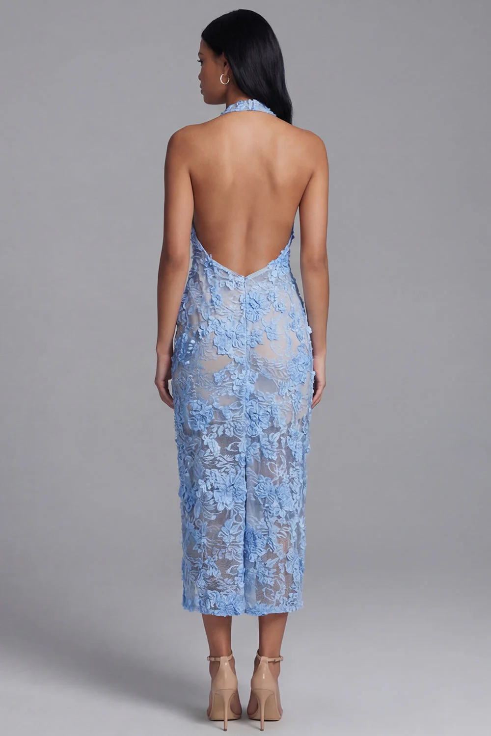 Robe longue d’invité de mariage longue à col cou nu, en dentelle bleue, - Image 2