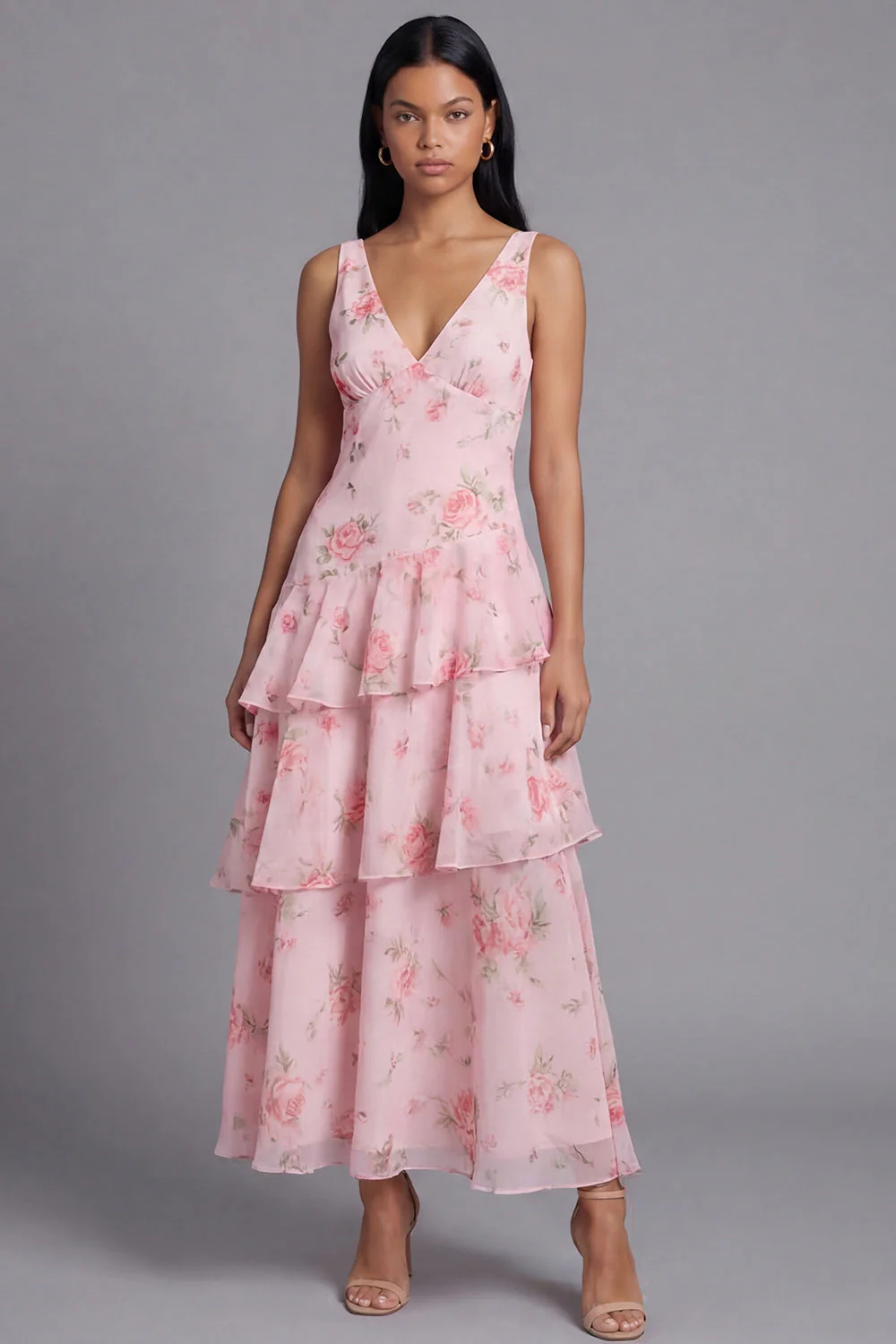Robe longue d’invité en chiffon rose à col en V à motifs floraux à volants - Image 3