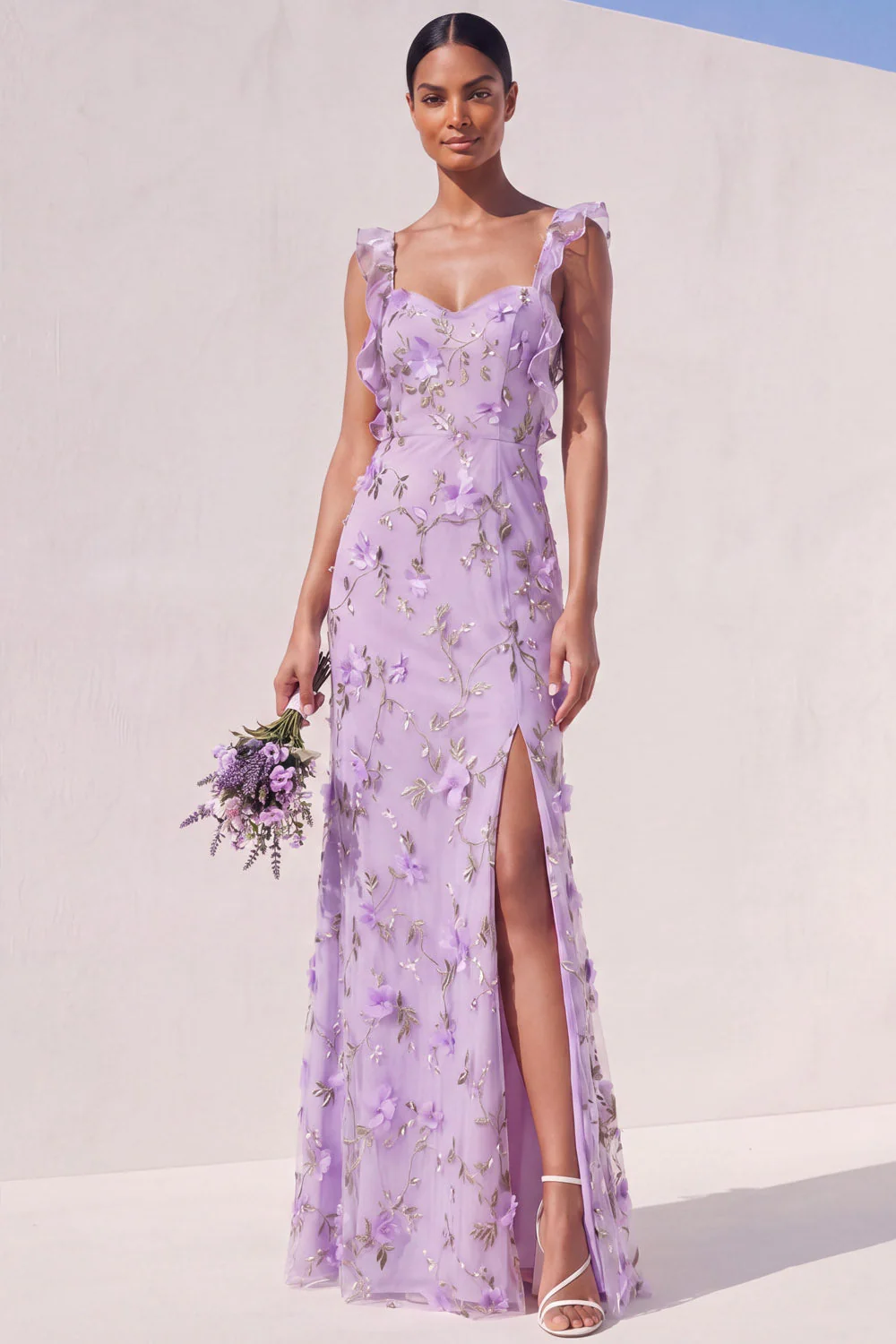 Robe longue d’invitée à fentes à fente appliquée en sirène lilas - Image 3