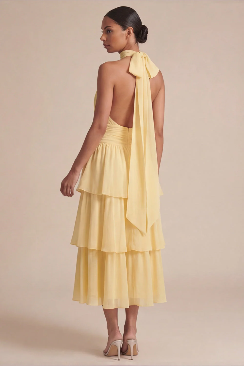 Robe longue d’invitée de mariage à volants jaunes à volants A Line, longue robe d’invité avec un nœud - Image 2