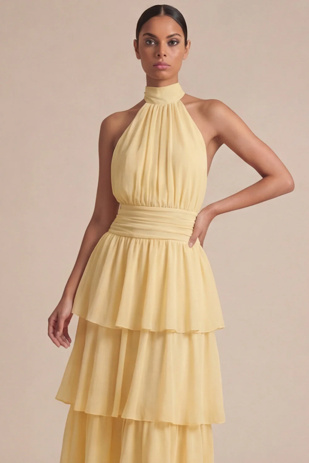 Robe longue d’invitée de mariage à volants jaunes à volants A Line, longue robe d’invité avec un nœud - Image 3