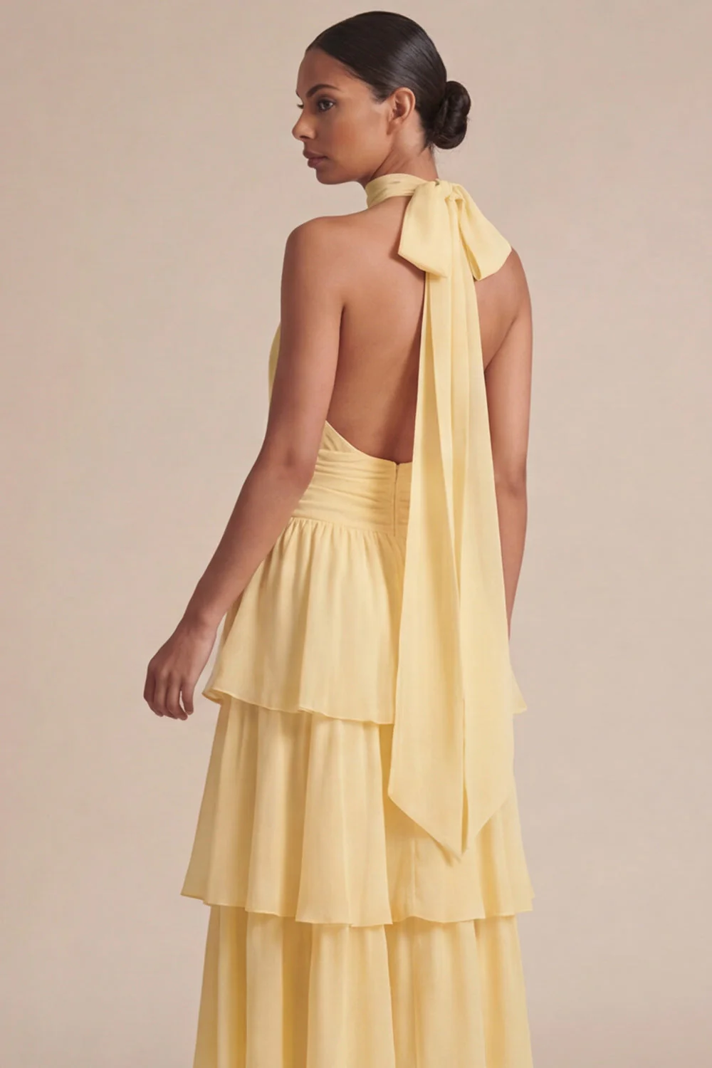 Robe longue d’invitée de mariage à volants jaunes à volants A Line, longue robe d’invité avec un nœud - Image 4