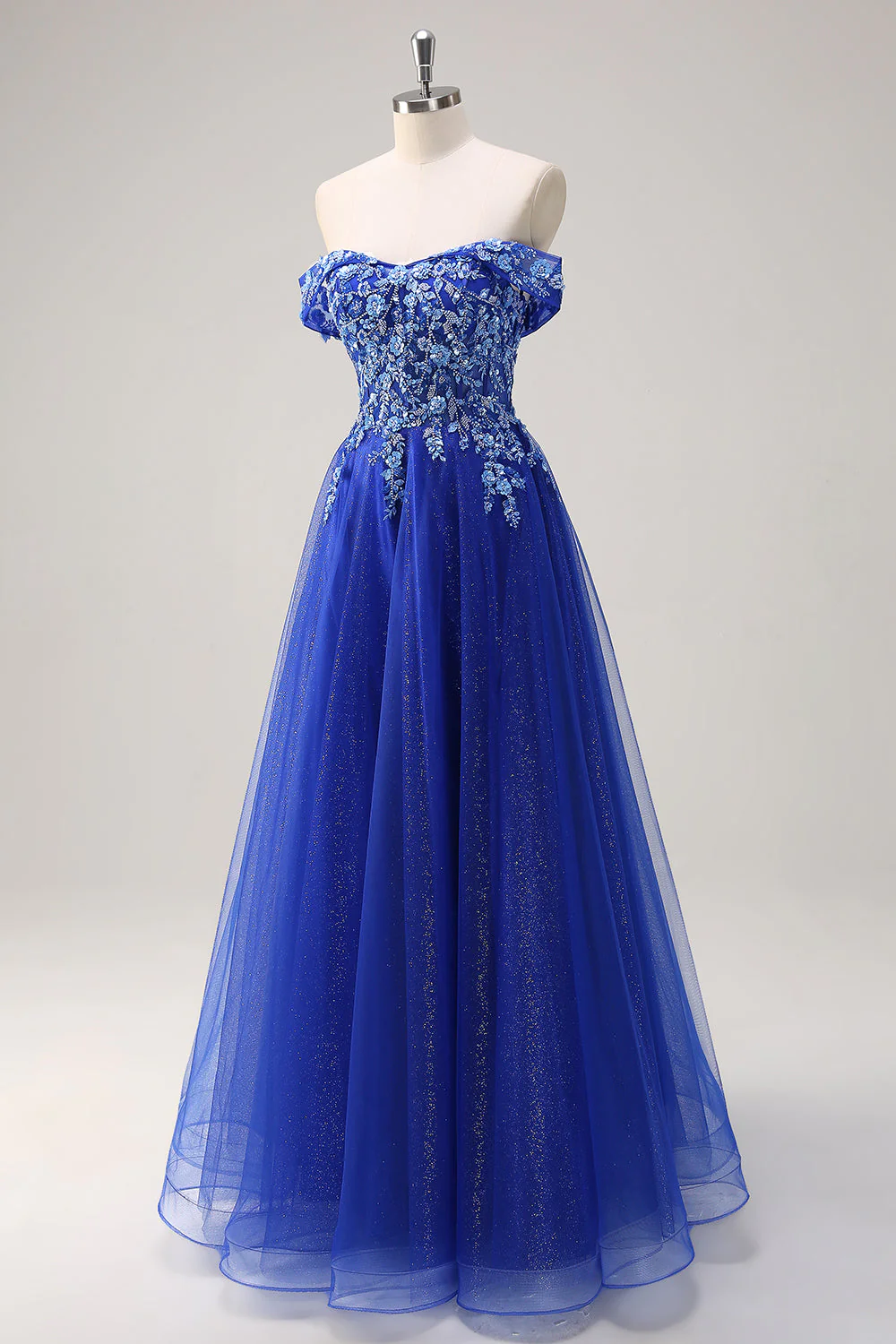 Robe de soirée à appliques scintillantes en tulle trapèze bleu royal à épaules dénudées avec perles - Image 3