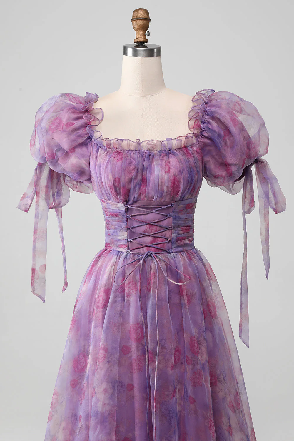 Robe longue de soirée à lacets à imprimé trapèze violet avec manches bouffantes - Image 3