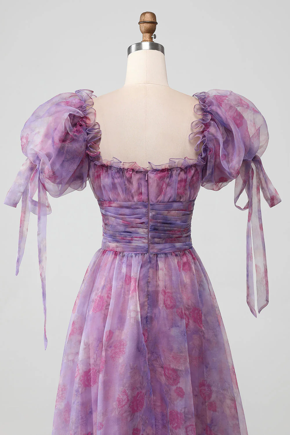 Robe longue de soirée à lacets à imprimé trapèze violet avec manches bouffantes - Image 4
