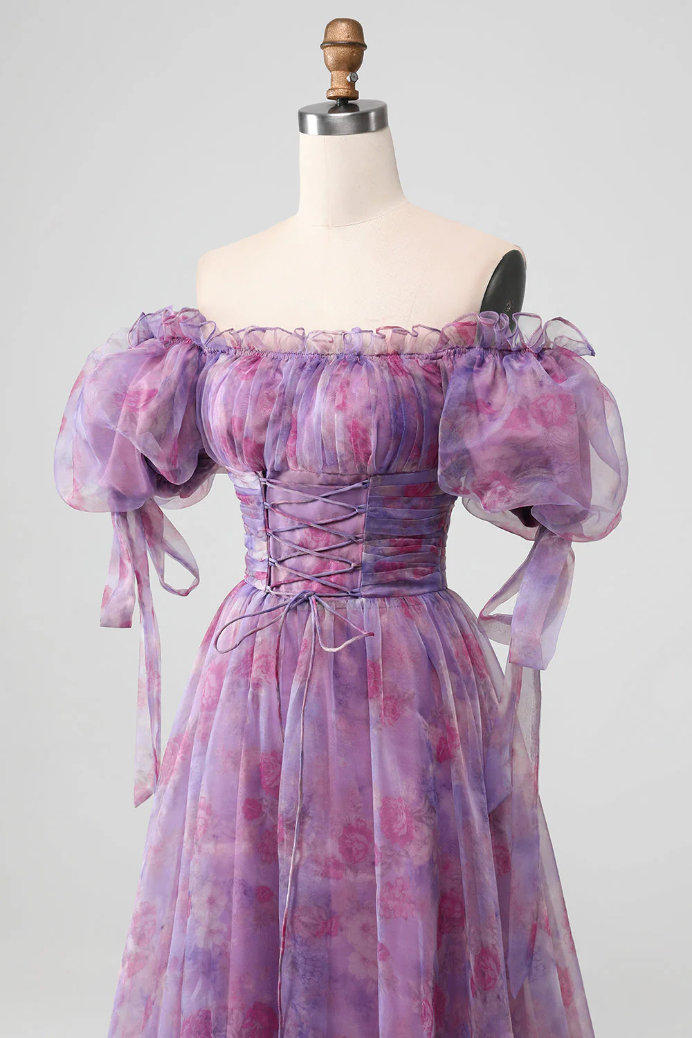 Robe longue de soirée à lacets à imprimé trapèze violet avec manches bouffantes - Image 5