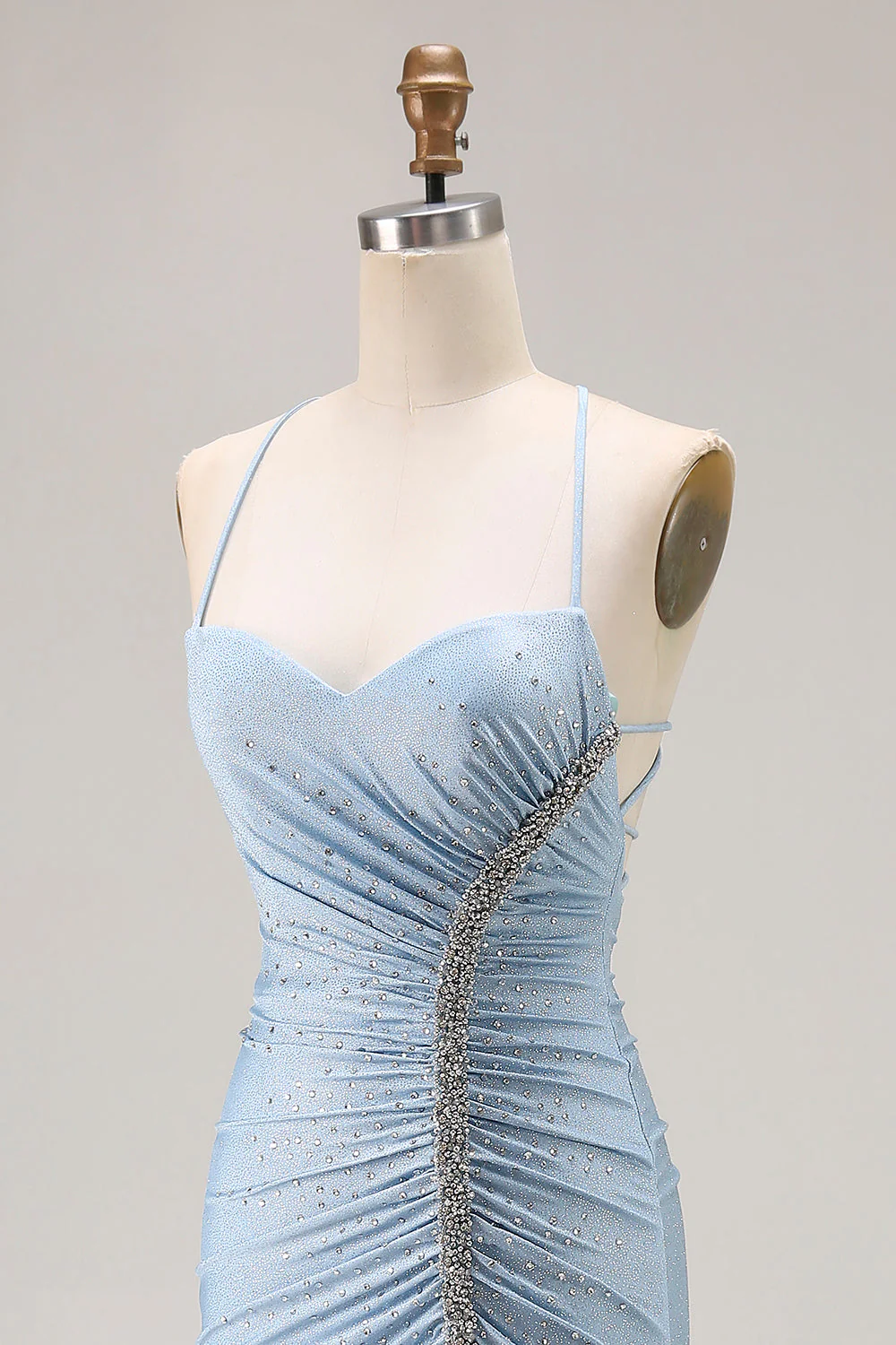 Robe de soirée longue bleu clair à lacets avec fente élégante - Image 5