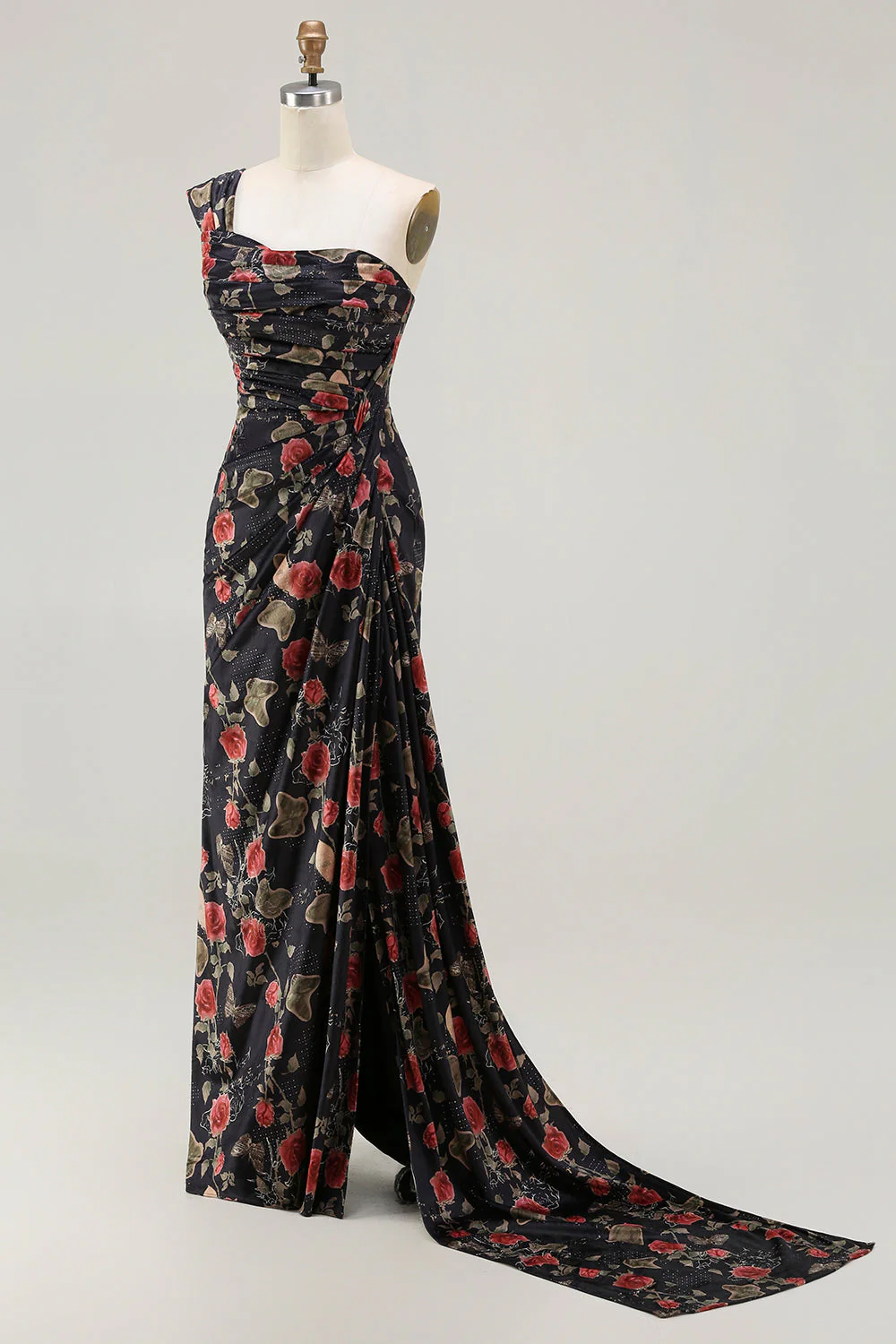 Robe de soirée à motifs floraux à une épaule à fourreau et traîne - Image 12