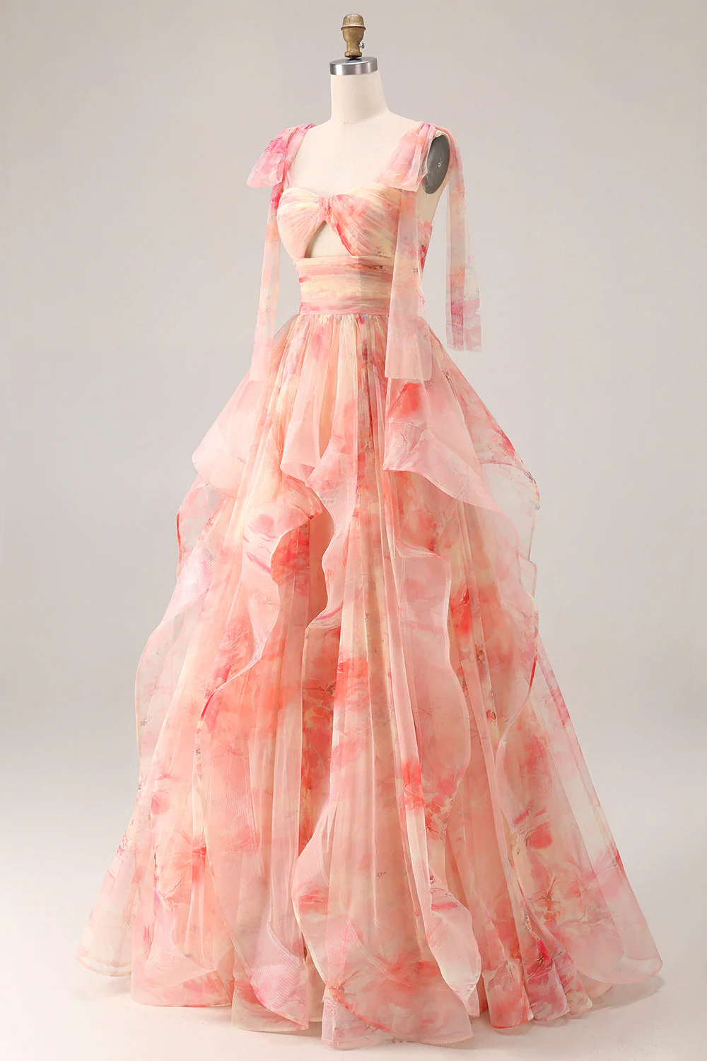 Robe longue de bal à motifs floraux à volants découpée Sunset A-Line avec un nœud - Image 3