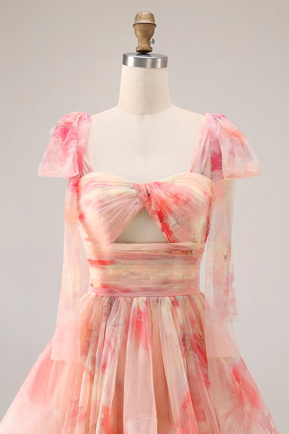 Robe longue de bal à motifs floraux à volants découpée Sunset A-Line avec un nœud - Image 4