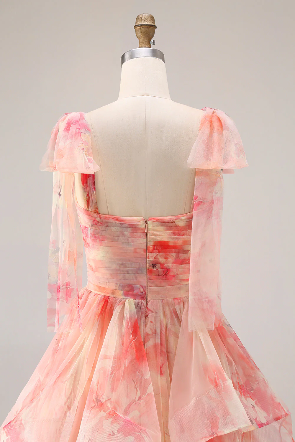 Robe longue de bal à motifs floraux à volants découpée Sunset A-Line avec un nœud - Image 5