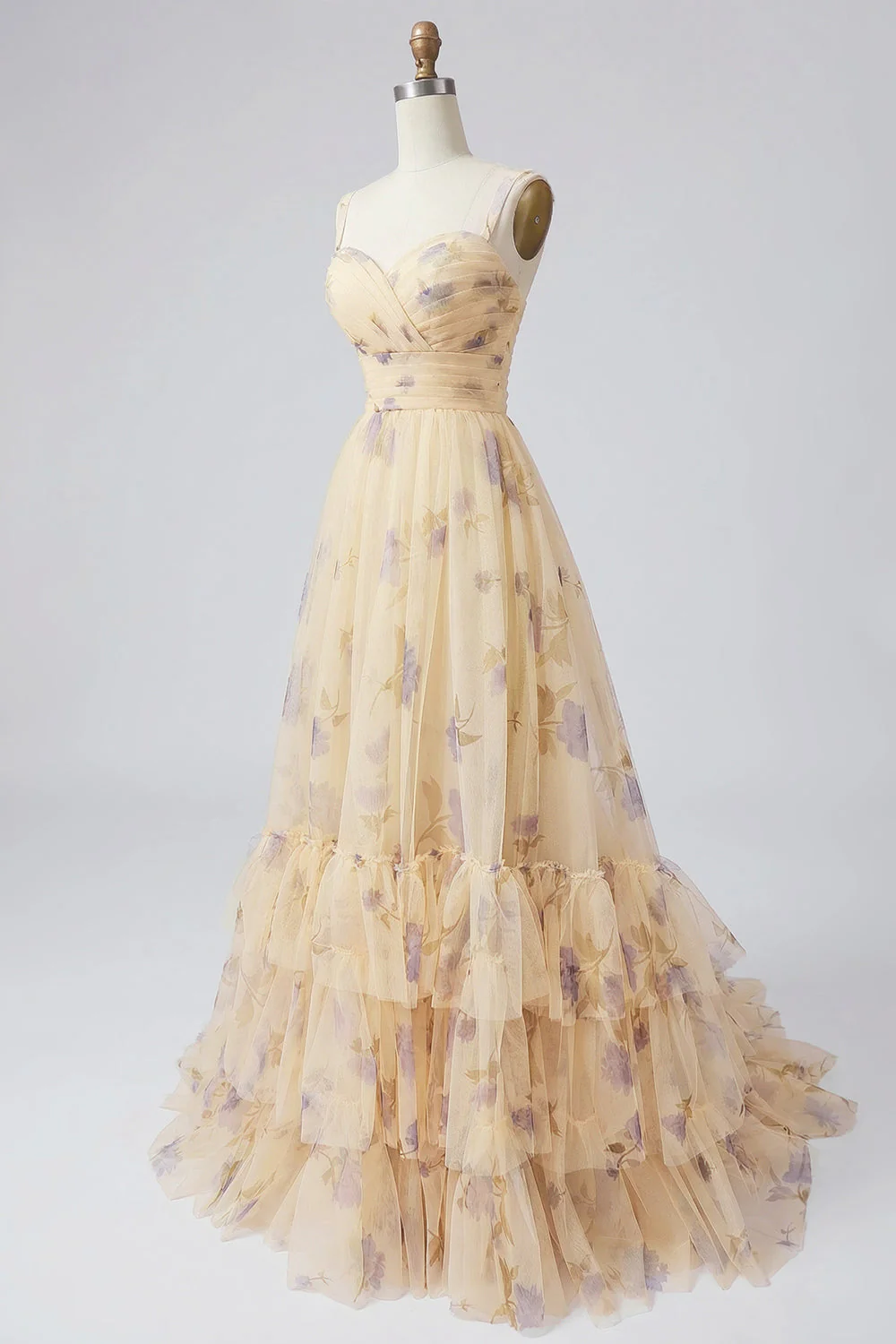 Robe longue de bal à motifs plissés à motifs A en ligne jaune avec volants - Image 3