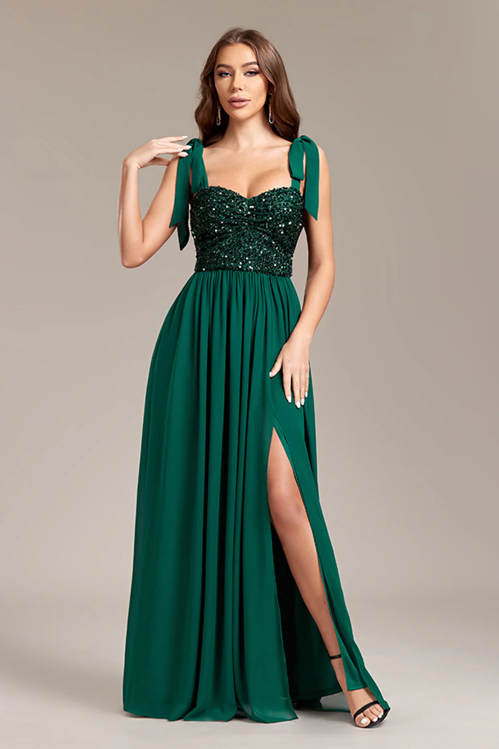 Robe longue de bal à paillettes vertes scintillantes avec fente - Image 3
