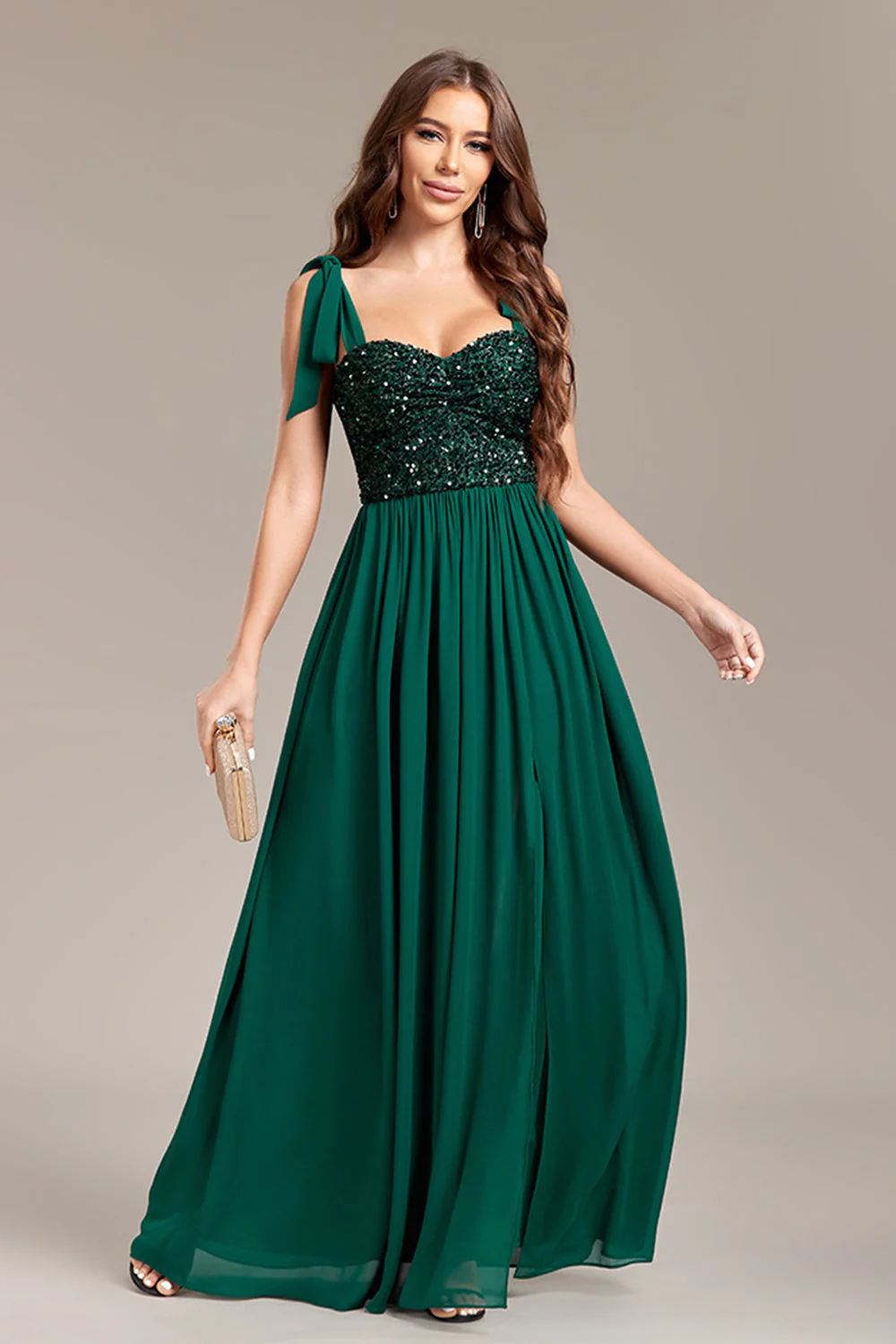 Robe longue de bal à paillettes vertes scintillantes avec fente - Image 5