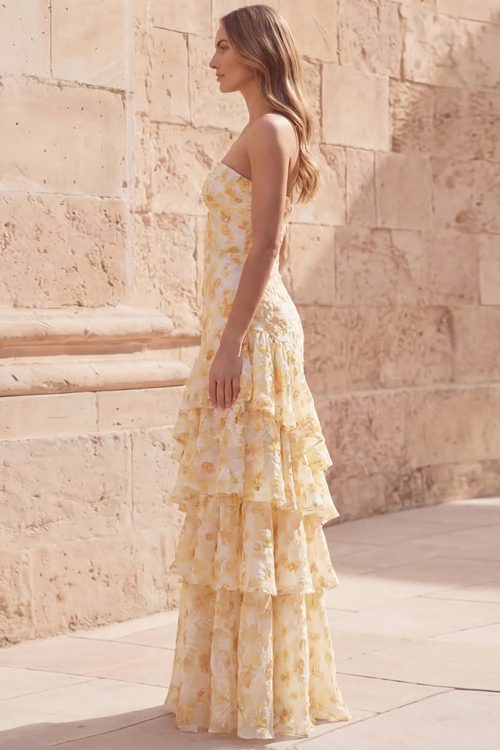 Robe longue de bal à volants jaune fleur jaune Sirène - Image 3