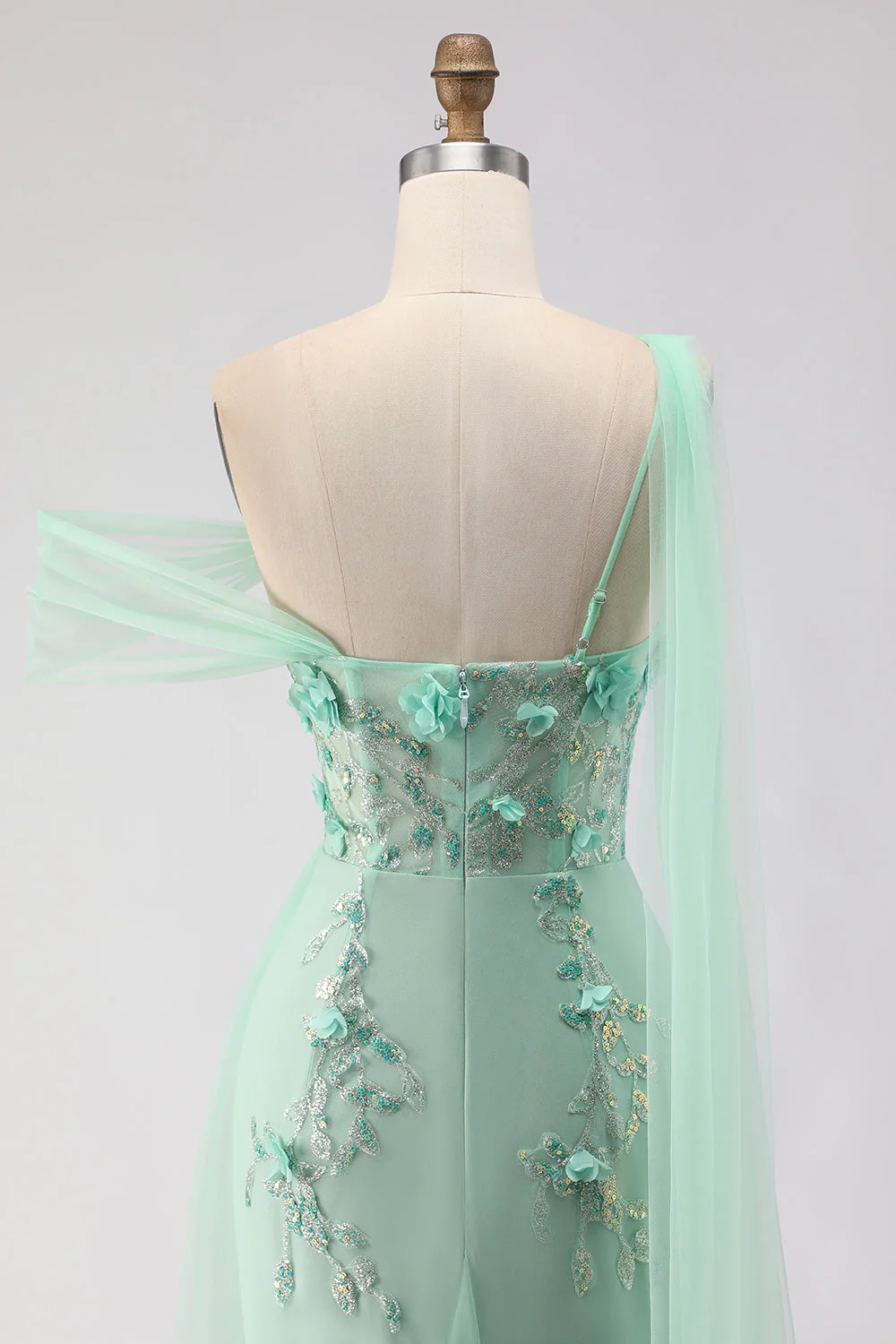 Robe longue de bal avec paillettes 3D en fleurs de sirène verte à une épaule et serpentin - Image 5