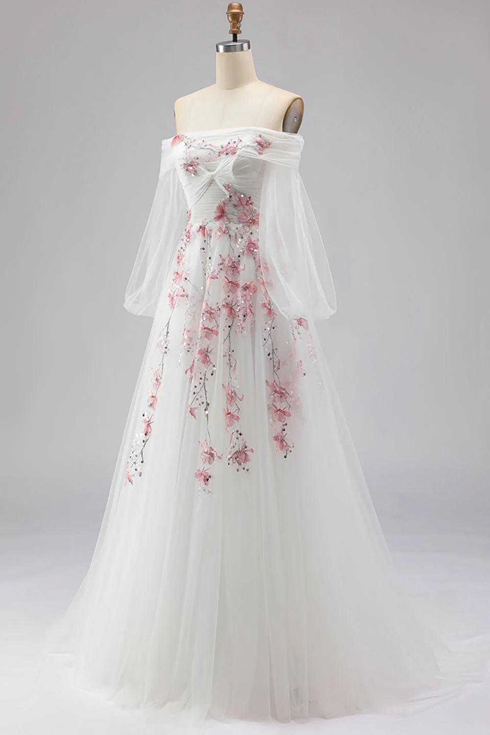 Robe de soirée longue blanche en tulle brodé à épaules dénudées avec paillettes - Image 3