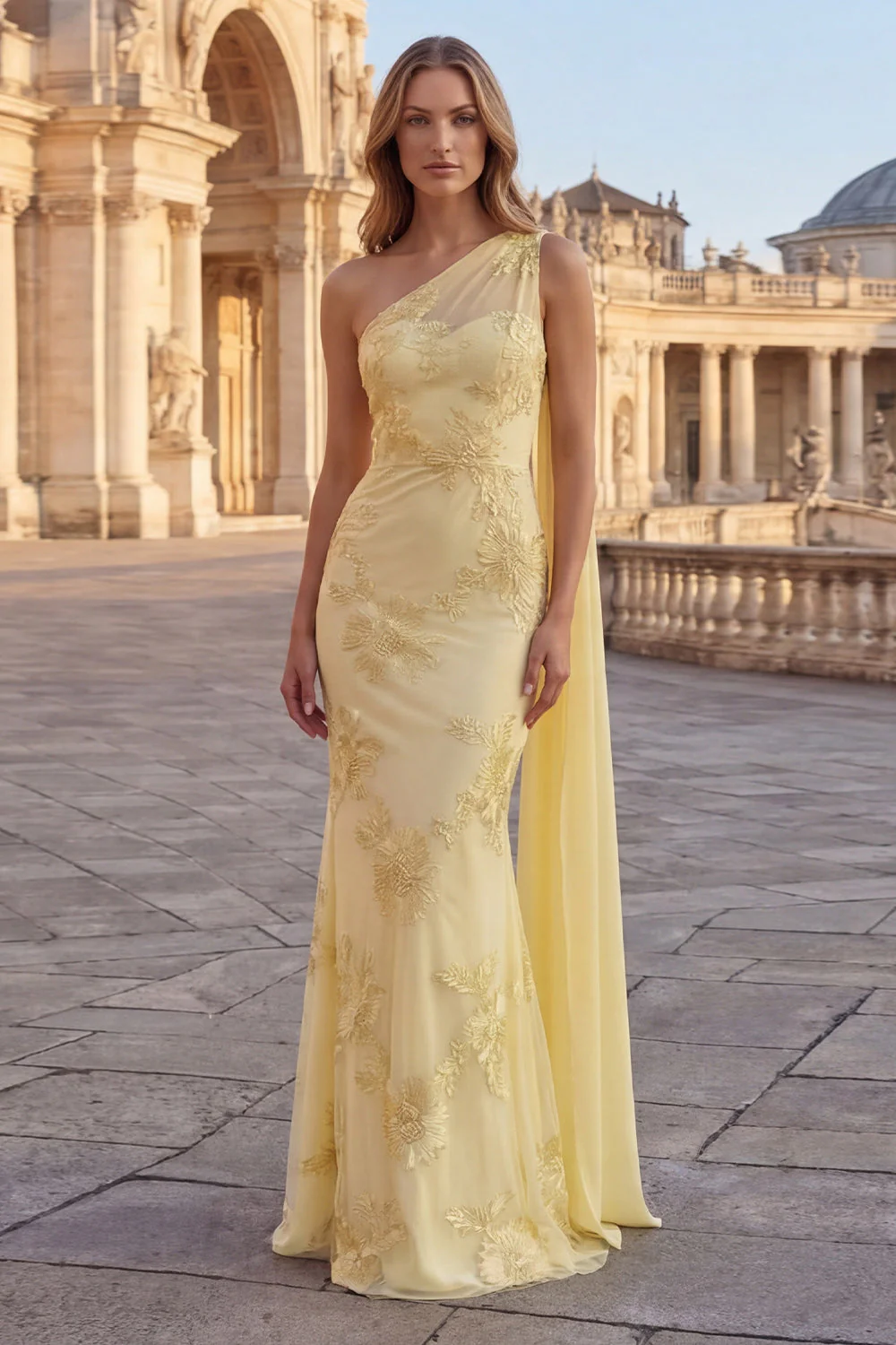 Robe longue de bal brodée fleurie en sirène jaune avec une cape latérale