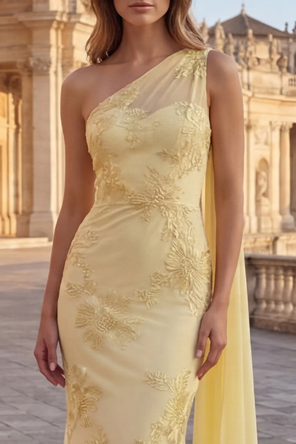 Robe longue de bal brodée fleurie en sirène jaune avec une cape latérale - Image 4