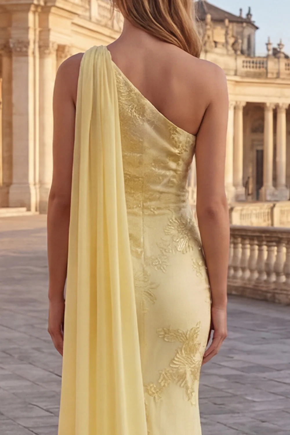 Robe longue de bal brodée fleurie en sirène jaune avec une cape latérale - Image 5