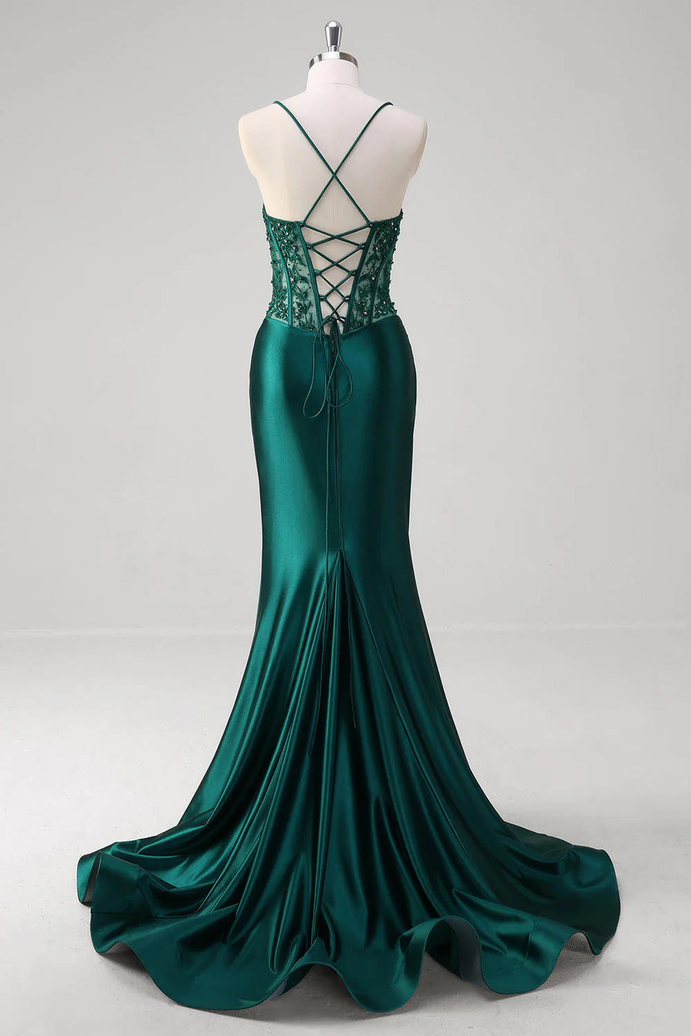 Robe longue de bal corset plissé à sequins sirène vert foncé avec lacets dans le dos - Image 2